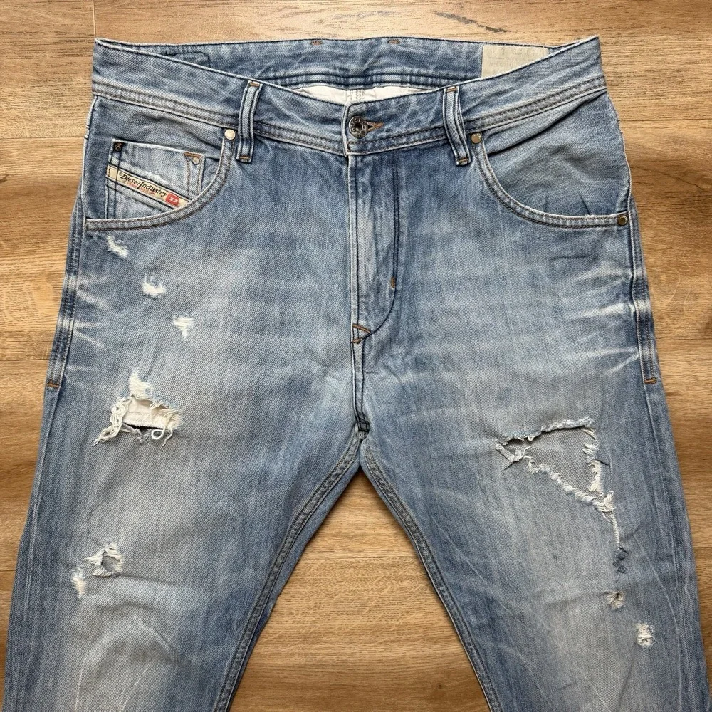 Diesel Krayver Jeans Men 29x26 Blue Slim Carrot Stretch Destroyed Denim (Hemmed)